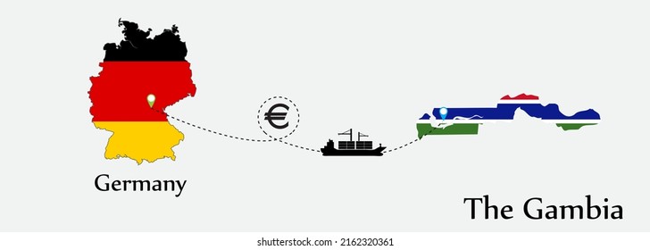 Business concept of both country. Ship transport from Germany go to The Gambia. And flags symbol on maps. EPS.file.Cargo ship.