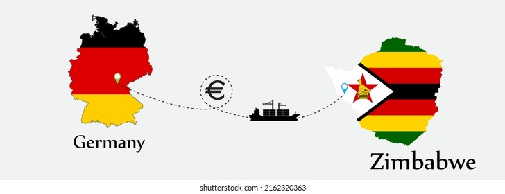 Business concept of both country. Ship transport from Germany go to Zimbabwe. And flags symbol on maps. EPS.file.Cargo ship.
