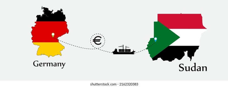 Business concept of both country. Ship transport from Germany go to Sudan. And flags symbol on maps. EPS.file.Cargo ship.
