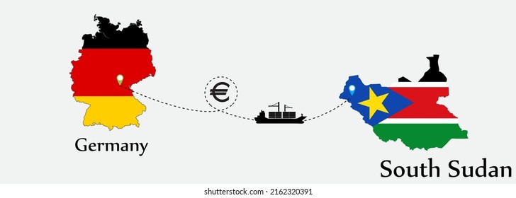Business concept of both country. Ship transport from Germany go to South Sudan. And flags symbol on maps. EPS.file.Cargo ship.