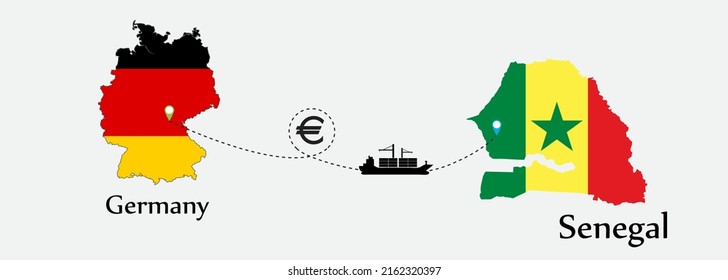 Business concept of both country. Ship transport from Germany go to Senegal. And flags symbol on maps. EPS.file.Cargo ship.