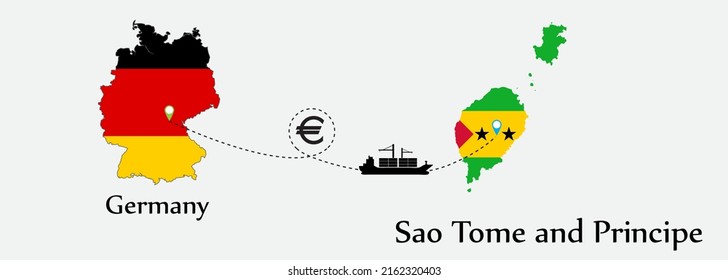 Business concept of both country. Ship transport from Germany go to Sao Tome and Principe. And flags symbol on maps. EPS.file.Cargo ship.