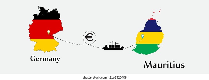 Business concept of both country. Ship transport from Germany go to Mauritius. And flags symbol on maps. EPS.file.Cargo ship.