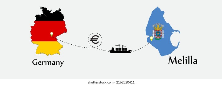 Business concept of both country. Ship transport from Germany go to Melilla. And flags symbol on maps. EPS.file.Cargo ship.