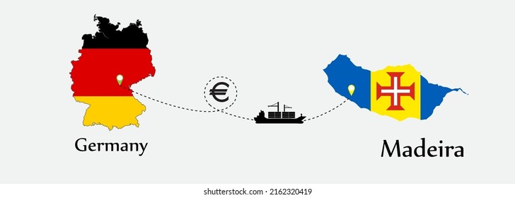 Business concept of both country. Ship transport from Germany go to Madeira. And flags symbol on maps. EPS.file.Cargo ship.