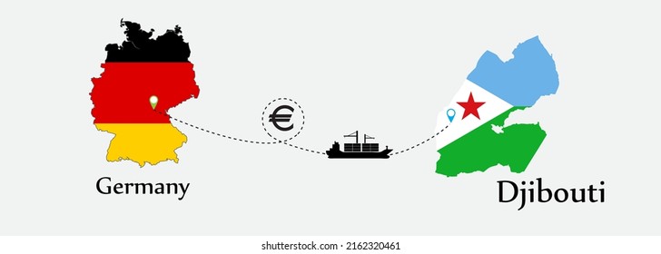 Business concept of both country. Ship transport from Germany go to Djibouti. And flags symbol on maps. EPS.file.Cargo ship.