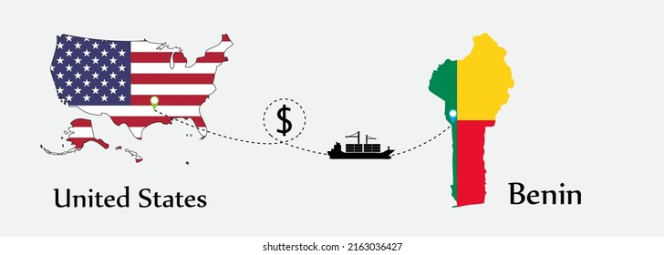 Business concept of both country. Ship transport from United States go to Benin. And flags symbol on maps. EPS.file.Cargo ship.