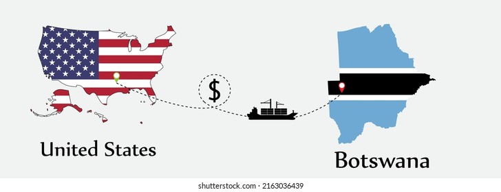 Business concept of both country. Ship transport from United States go to Botswana. And flags symbol on maps. EPS.file.Cargo ship.