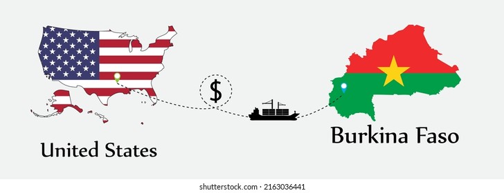 Business concept of both country. Ship transport from United States go to Burkina Faso. And flags symbol on maps. EPS.file.Cargo ship.