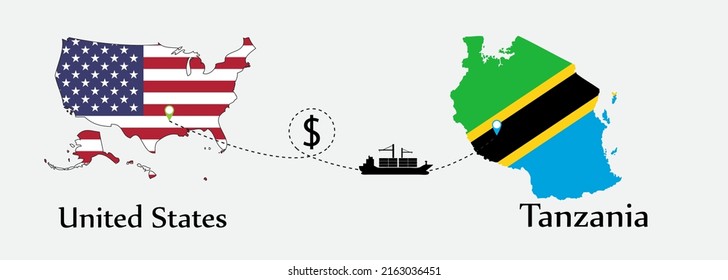 Business concept of both country. Ship transport from United States go to Tanzania. And flags symbol on maps. EPS.file.Cargo ship.