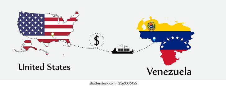 Business concept of both country. Ship transport from United States go to Venezuela. And flags symbol on maps. EPS.file.Cargo ship.
