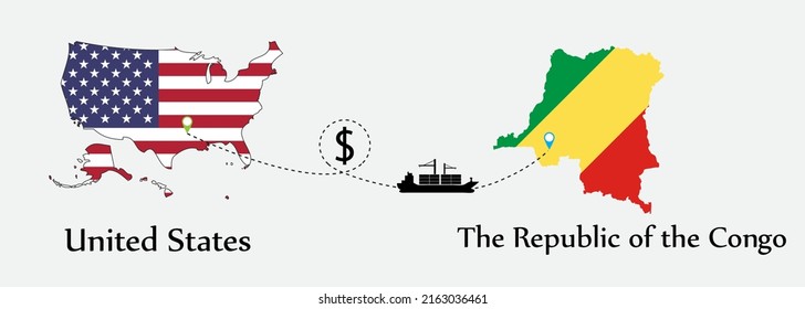 Business concept of both country. Ship transport from United States go to The Republic of the Congo. And flags symbol on maps. EPS.file.Cargo ship.