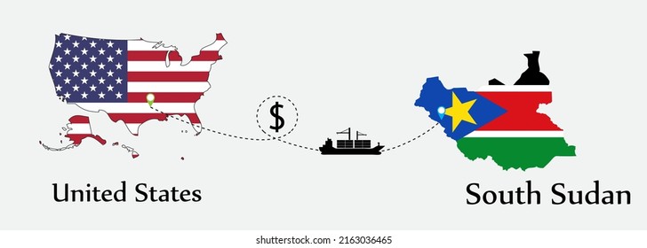 Business concept of both country. Ship transport from United States go to South Sudan. And flags symbol on maps. EPS.file.Cargo ship.