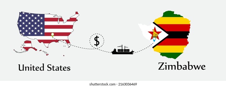 Business concept of both country. Ship transport from United States go to Zimbabwe. And flags symbol on maps. EPS.file.Cargo ship.