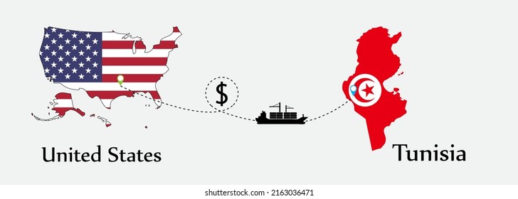 Business concept of both country. Ship transport from United States go to Tunisia. And flags symbol on maps. EPS.file.Cargo ship.