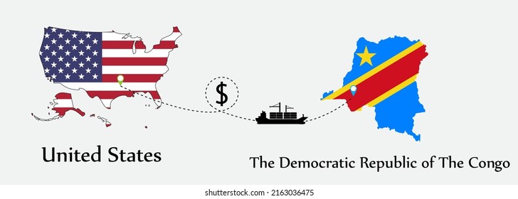 Business concept of both country. Ship transport from United States go to The Democratic Republic of The Congo. And flags symbol on maps. EPS.file.Cargo ship.
