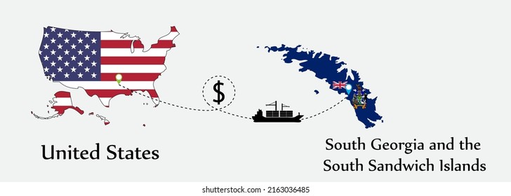 Business concept of both country. Ship transport from United States go to South Georgia and the South Sandwich Islands. And flags symbol on maps. EPS.file.Cargo ship.