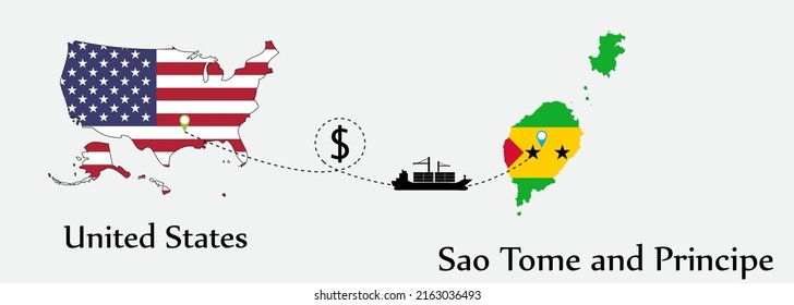 Business concept of both country. Ship transport from United States go to Sao Tome and Principe. And flags symbol on maps. EPS.file.Cargo ship.