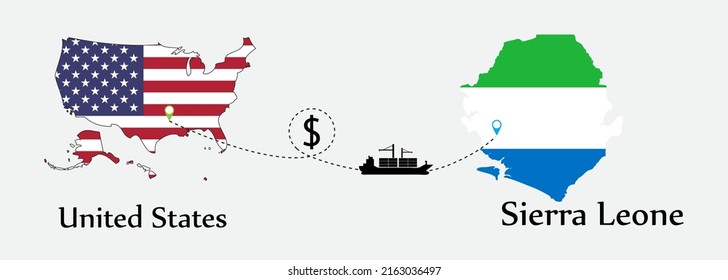 Business concept of both country. Ship transport from United States go to Sierra Leone. And flags symbol on maps. EPS.file.Cargo ship.