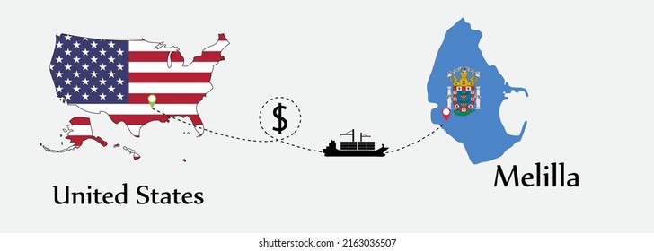 Business concept of both country. Ship transport from United States go to Melilla. And flags symbol on maps. EPS.file.Cargo ship.