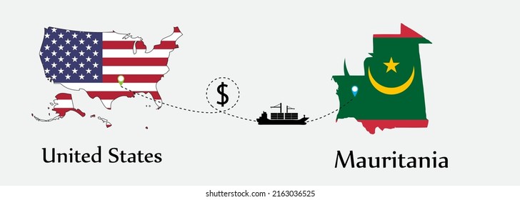 Business concept of both country. Ship transport from United States go to Mauritania. And flags symbol on maps. EPS.file.Cargo ship.