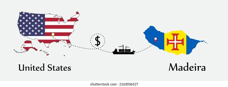 Business concept of both country. Ship transport from United States go to Madeira. And flags symbol on maps. EPS.file.Cargo ship.