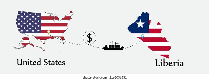 Business concept of both country. Ship transport from United States go to Liberia. And flags symbol on maps. EPS.file.Cargo ship.