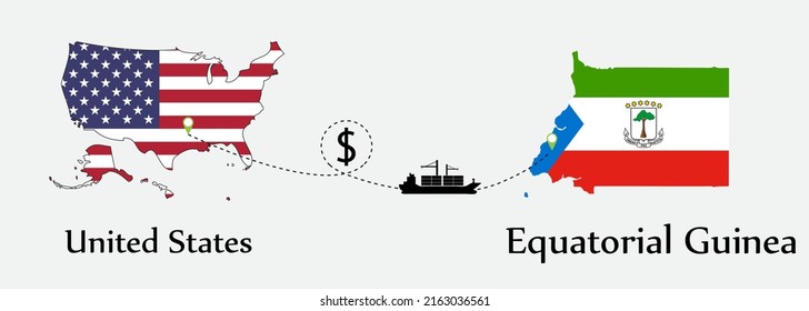 Business concept of both country. Ship transport from United States go to Equatorial Guinea. And flags symbol on maps. EPS.file.Cargo ship.