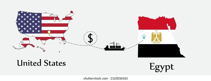 Business concept of both country. Ship transport from United States go to Egypt. And flags symbol on maps. EPS.file.Cargo ship.