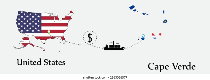 Business concept of both country. Ship transport from United States go to Cape Verde. And flags symbol on maps. EPS.file.Cargo ship.