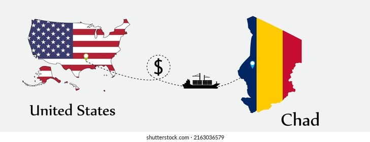 Business concept of both country. Ship transport from United States go to Chad. And flags symbol on maps. EPS.file.Cargo ship.
