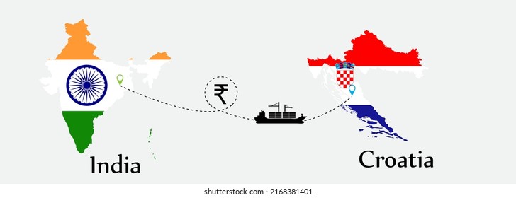 Business concept of both country. Ship transport from India go to Croatia. And flags symbol on maps. EPS.file.Cargo ship.