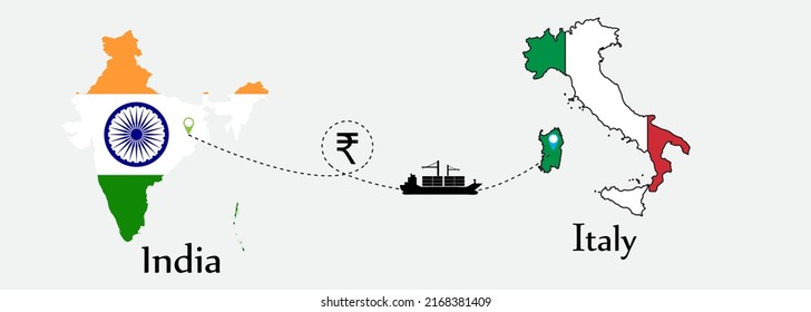 Business concept of both country. Ship transport from India go to Italy. And flags symbol on maps. EPS.file.Cargo ship.