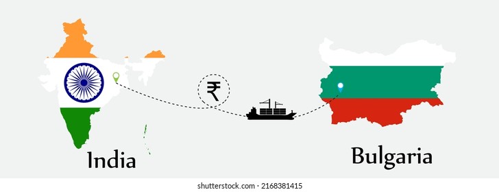 Business concept of both country. Ship transport from India go to Bulgaria. And flags symbol on maps. EPS.file.Cargo ship.
