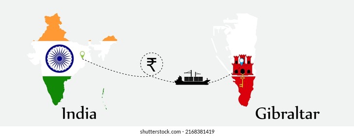 Business concept of both country. Ship transport from India go to Gibraltar. And flags symbol on maps. EPS.file.Cargo ship.