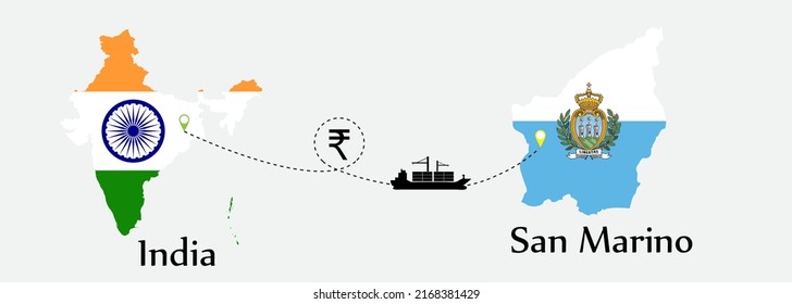 Business concept of both country. Ship transport from India go to San Marino. And flags symbol on maps. EPS.file.Cargo ship.