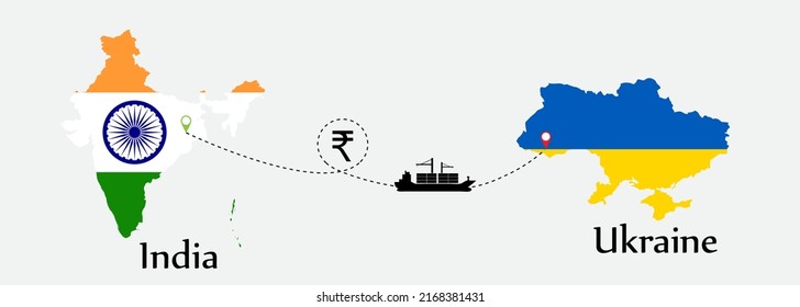Business concept of both country. Ship transport from India go to Ukraine. And flags symbol on maps. EPS.file.Cargo ship.