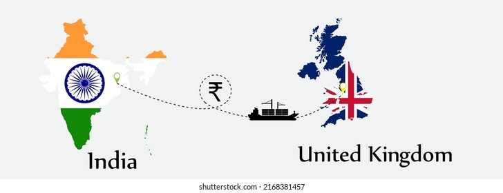 Business concept of both country. Ship transport from India go to United Kingdom. And flags symbol on maps. EPS.file.Cargo ship.