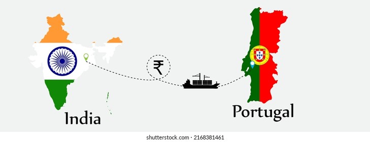 Business concept of both country. Ship transport from India go to Portugal. And flags symbol on maps. EPS.file.Cargo ship.