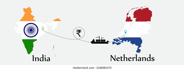 Business concept of both country. Ship transport from India go to Netherlands. And flags symbol on maps. EPS.file.Cargo ship.