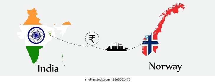 Business concept of both country. Ship transport from India go to Norway. And flags symbol on maps. EPS.file.Cargo ship.