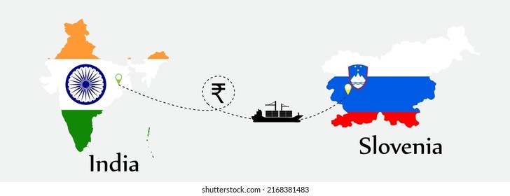 Business concept of both country. Ship transport from India go to Slovenia. And flags symbol on maps. EPS.file.Cargo ship.
