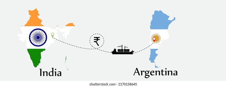 Business concept of both country. Ship transport from India go to Argentina. And flags symbol on maps. EPS.file.Cargo ship.