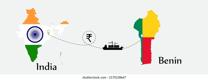 Business concept of both country. Ship transport from India go to Benin. And flags symbol on maps. EPS.file.Cargo ship.