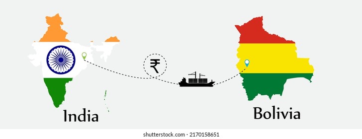 Business concept of both country. Ship transport from India go to Bolivia. And flags symbol on maps. EPS.file.Cargo ship.