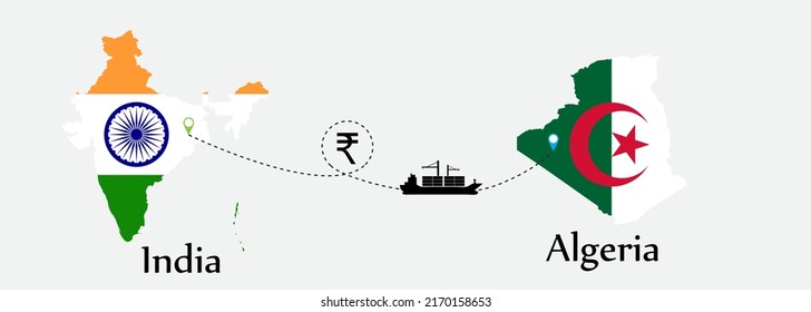 Business concept of both country. Ship transport from India go to Algeria. And flags symbol on maps. EPS.file.Cargo ship.