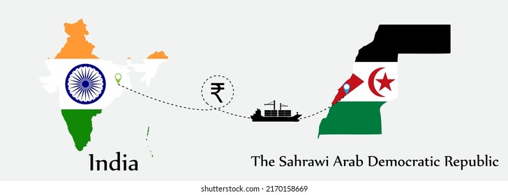 Business concept of both country. Ship transport from India go to The Sahrawi Arab Democratic Republic. And flags symbol on maps. EPS.file.Cargo ship.