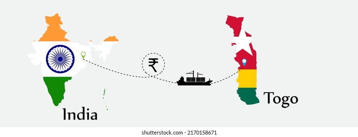 Business concept of both country. Ship transport from India go to Togo. And flags symbol on maps. EPS.file.Cargo ship.