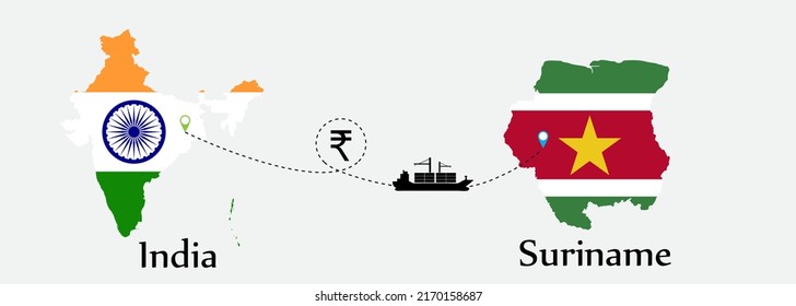 Business concept of both country. Ship transport from India go to Suriname. And flags symbol on maps. EPS.file.Cargo ship.