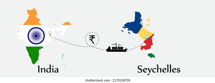 Business concept of both country. Ship transport from India go to Seychelles. And flags symbol on maps. EPS.file.Cargo ship.